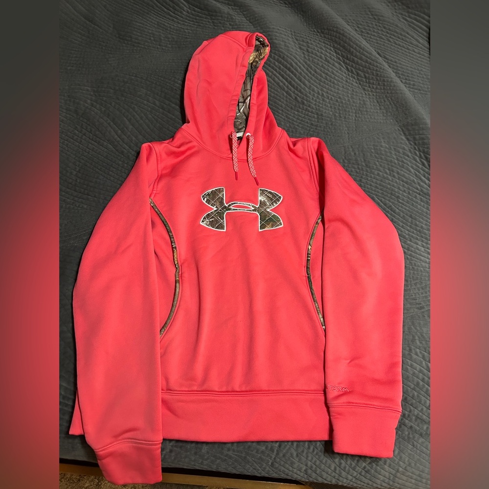 Under Armour Pink Hoodie with Camo Logo - women’s large
